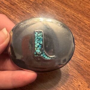 Turquoise Inlay Boot Belt Buckle - Silver Tone